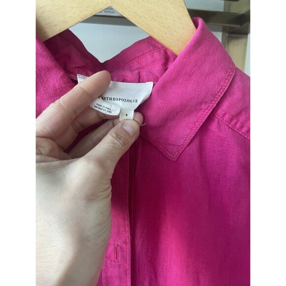 Anthropologie Tie-Front Printed Linen Top Fuchsia Hot Pink Size Small - Picture 7 of 9